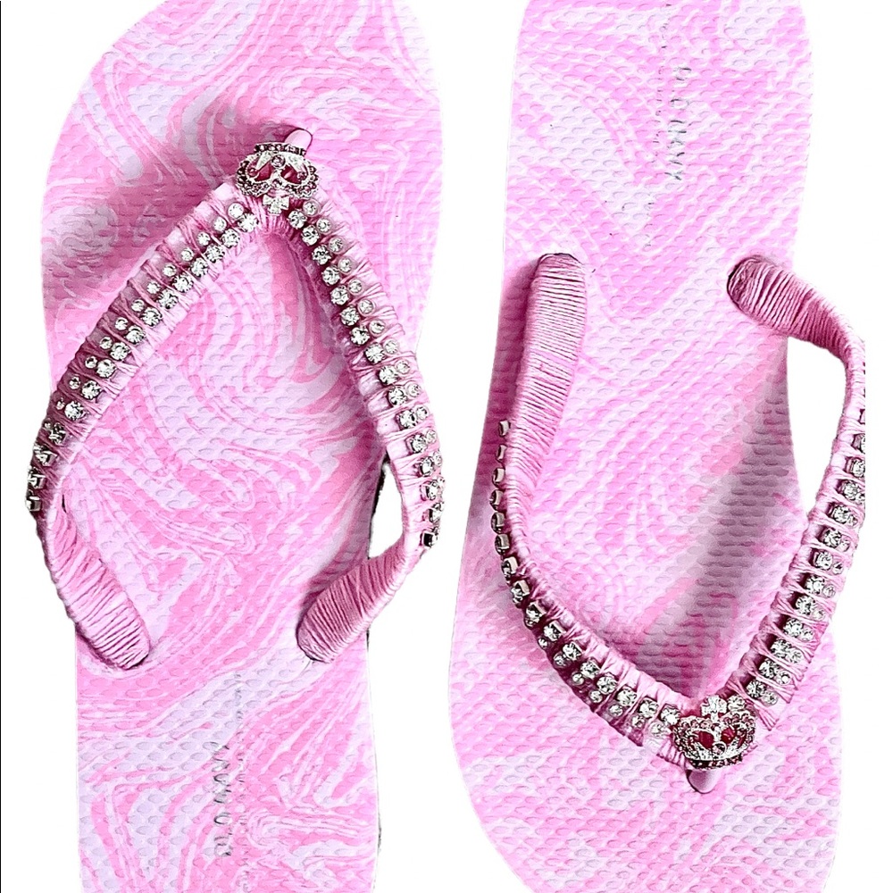 Pink Princess Flip Flops SZ 5/6, Crystal Trimmings, Crown Rhinestone Buttons